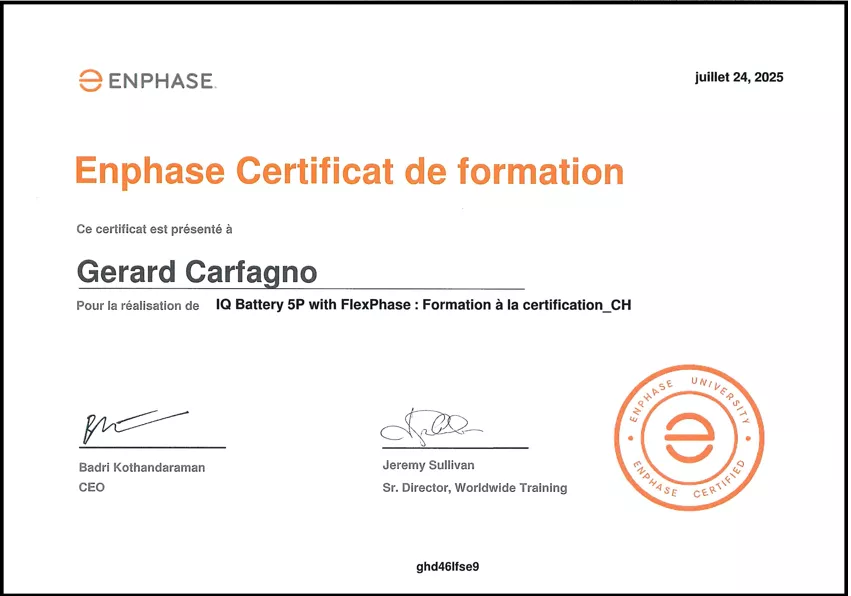 Certification Enphase IQ Battery 5P - Gerard Carfagno