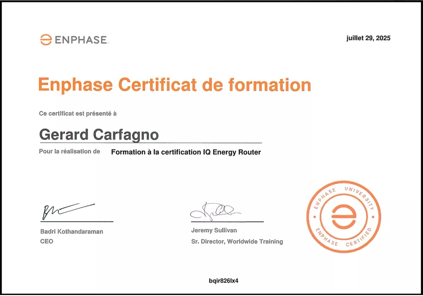 Certification formation IQ Energy Router Enphase -  - Gerard Carfagno