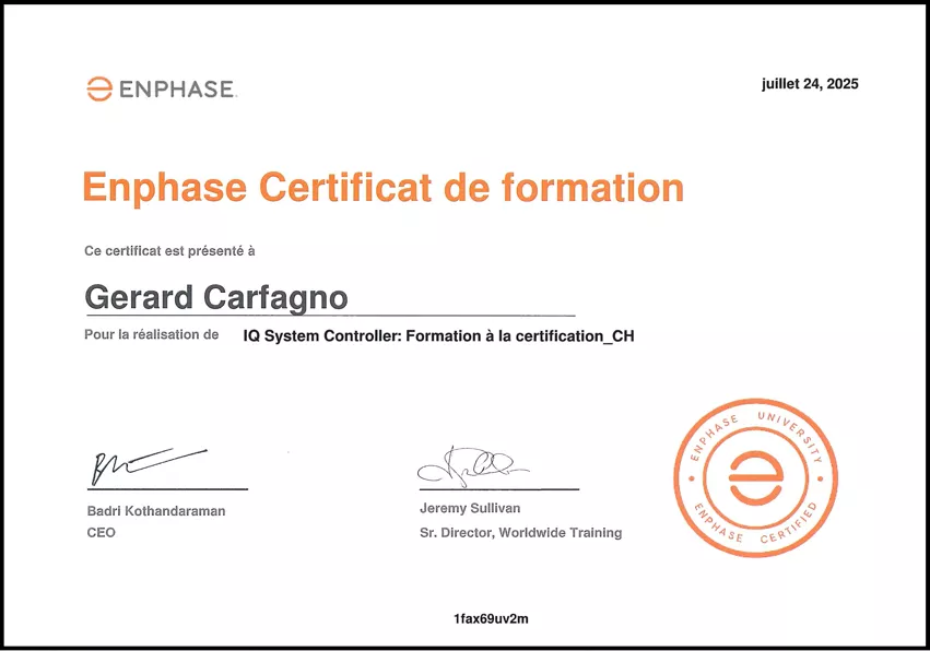 Certification Enphase IQ System Controller -  - Gerard Carfagno