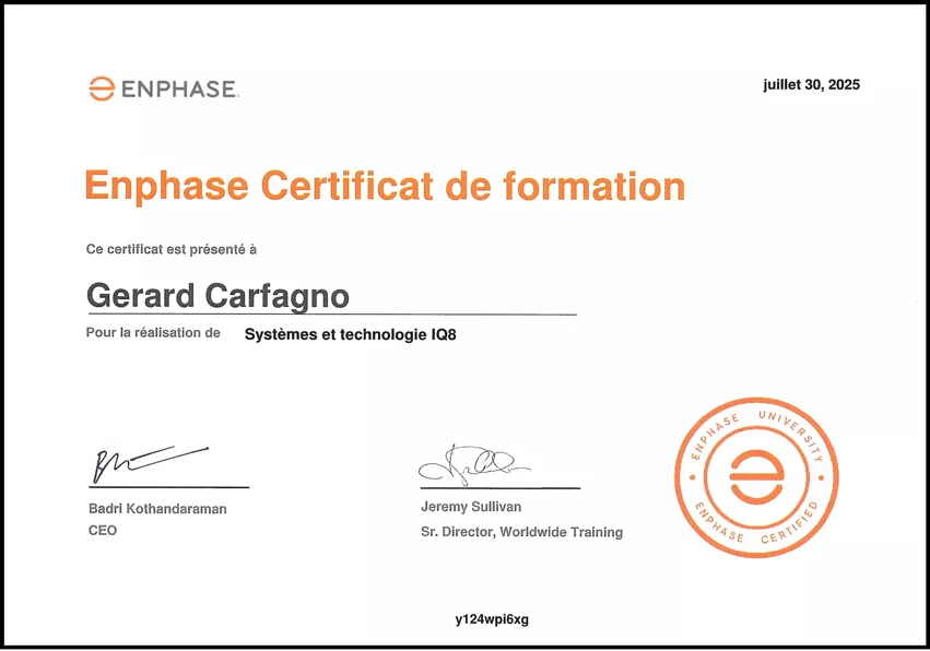 Certification Systèmes et technologie IQ8 Enphase - Gerard Carfagno