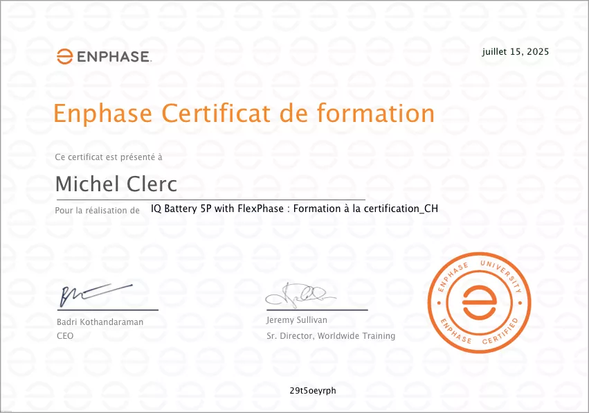 Certtification Enphase IQ Battery 5P - Michel Clerc