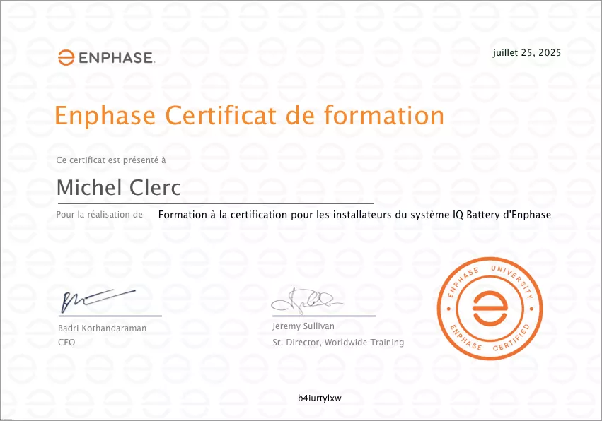 Certification Enphase installateurs du systpme IQ Battery - Michel Clerc