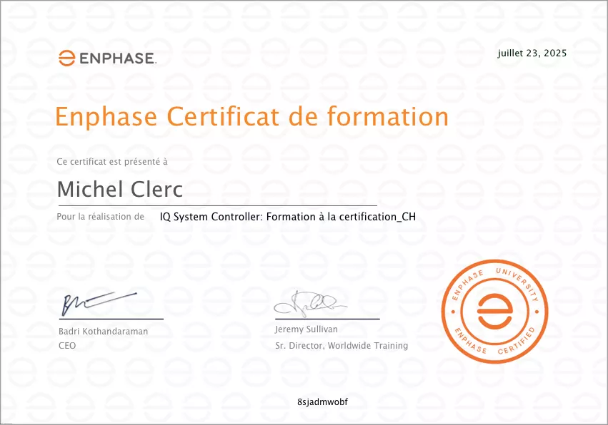 Certification IQ System controller Enphase - Michel Clerc