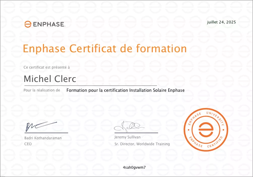 Certificatoin Enphase installation solaire Michel Clerc